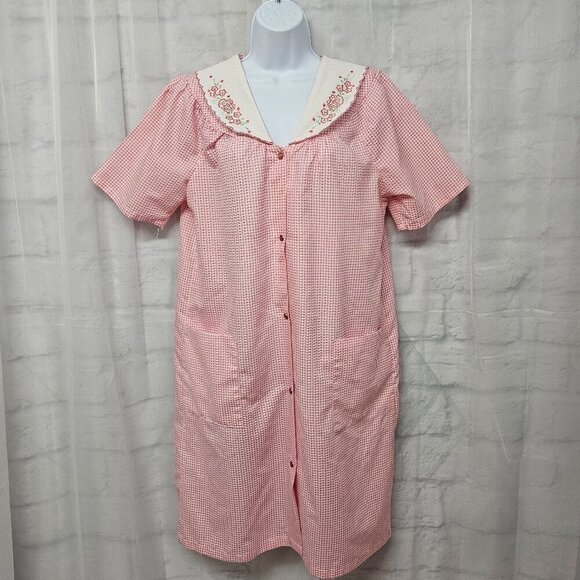 Dreamcrest Pink Gingham Pearl Snap House Dress Nightgown Lounge M - Picture 1 of 14